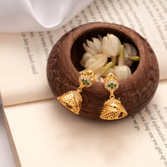 Fancy Green Stone Fan Design Golden Jhumkas