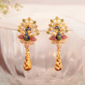 Gold Peacock Drop Earrings with Meenakari and Colour Stones