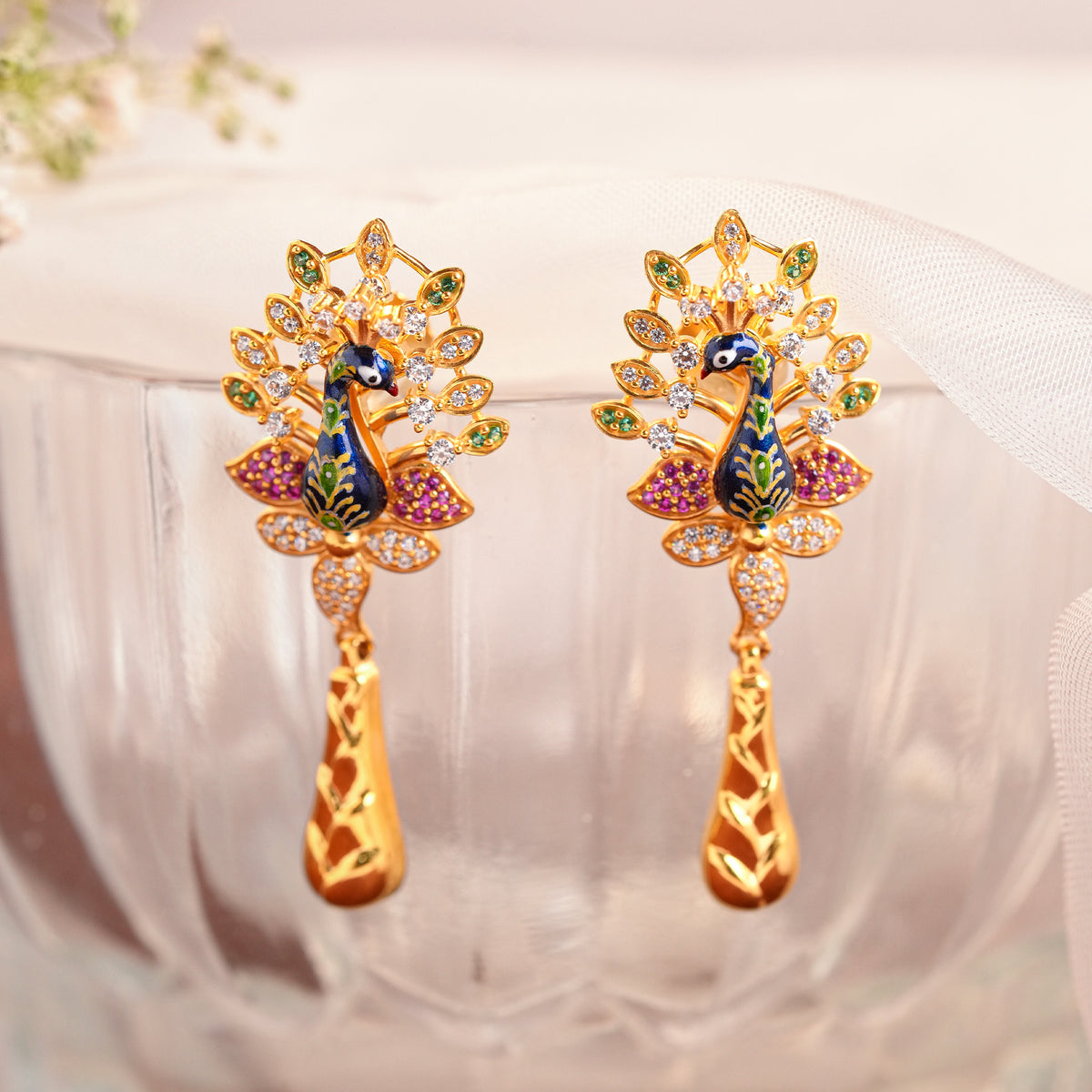 Gold Peacock Drop Earrings with Meenakari and Colour Stones