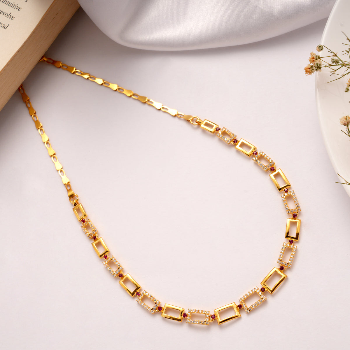 Geometric Sparkling Link Gold Plated Necklace Set