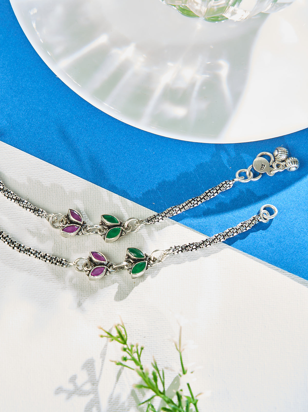Twin Gem Leaf Heritage Antique Anklet