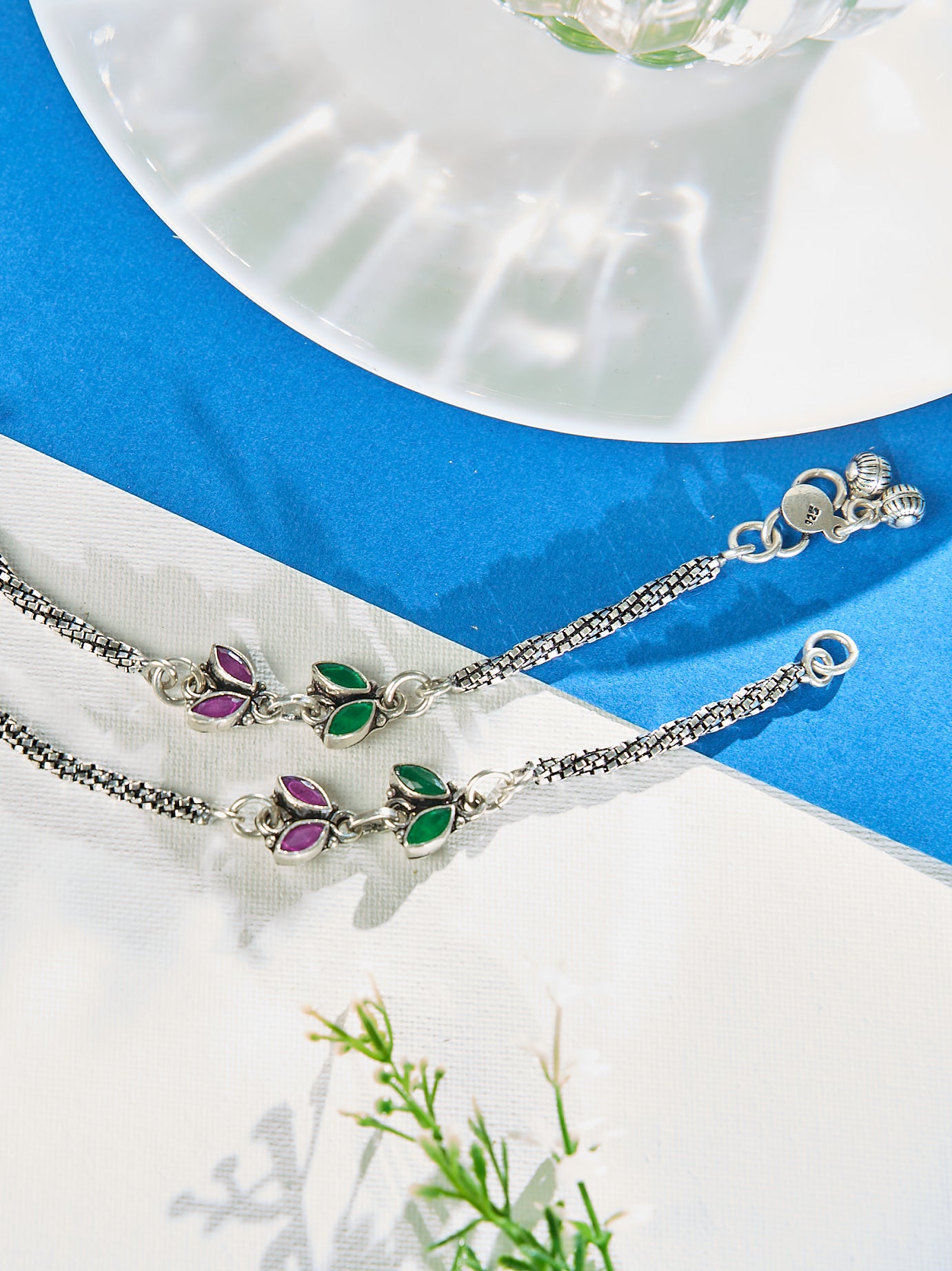 Twin Gem Leaf Heritage Antique Anklet