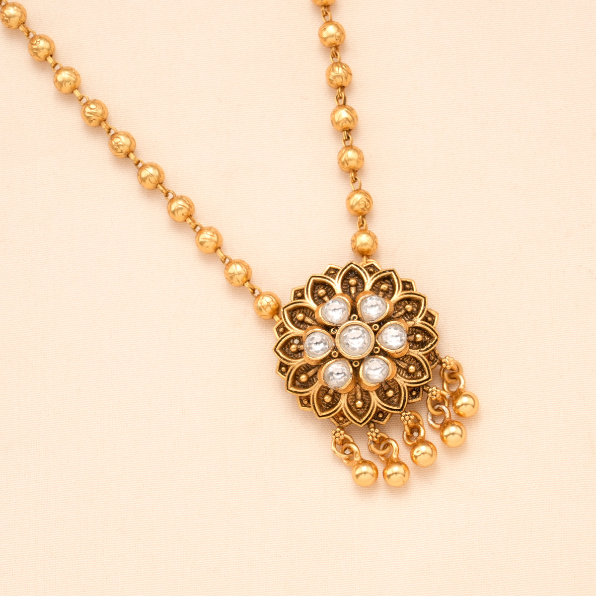 Blossom Floral Pendant with Golden Balls Necklace Set