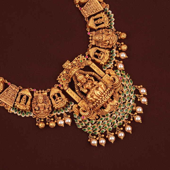 Temple Style Lakshmi Design Pearl Drop Gold Haram