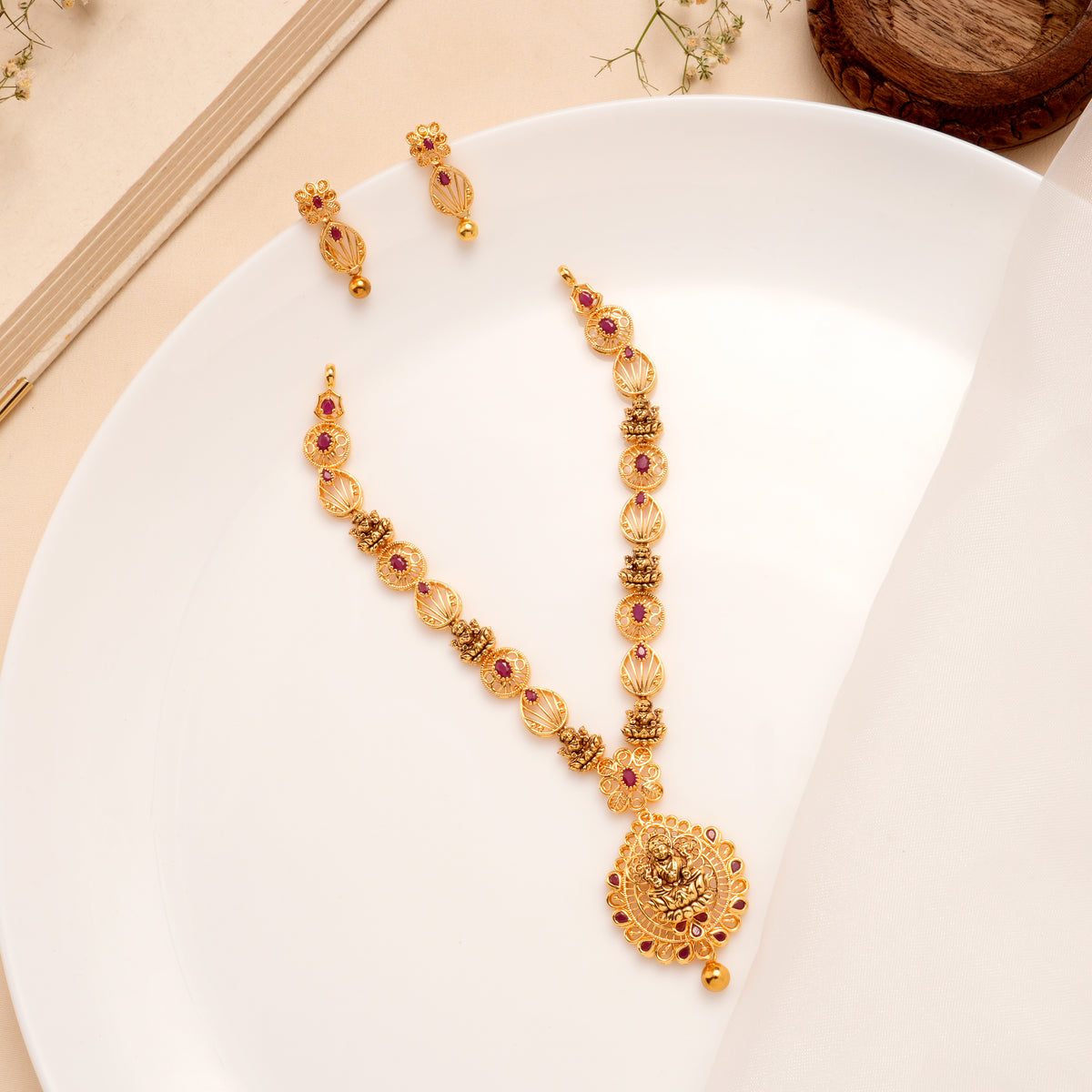 Lakshmi Temple Pendant Golden Necklace Set