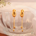 Gold Spiral Stripe Earrings with Hanging Chains and Teardrop Ends