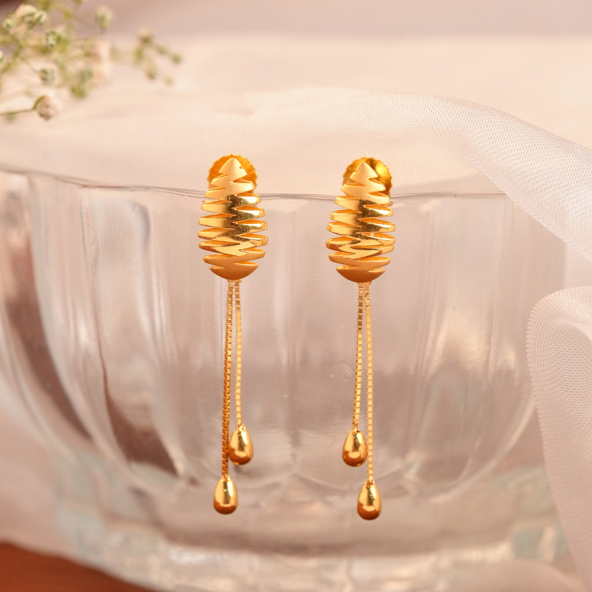 Gold Spiral Stripe Earrings with Hanging Chains and Teardrop Ends