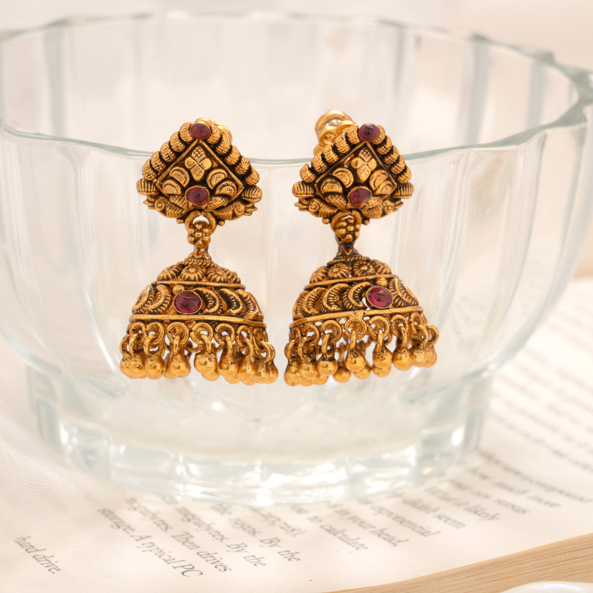 Square Motif with Ruby Stones Antique Silver Jhumka
