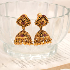 Square Motif with Ruby Stones Antique Silver Jhumka