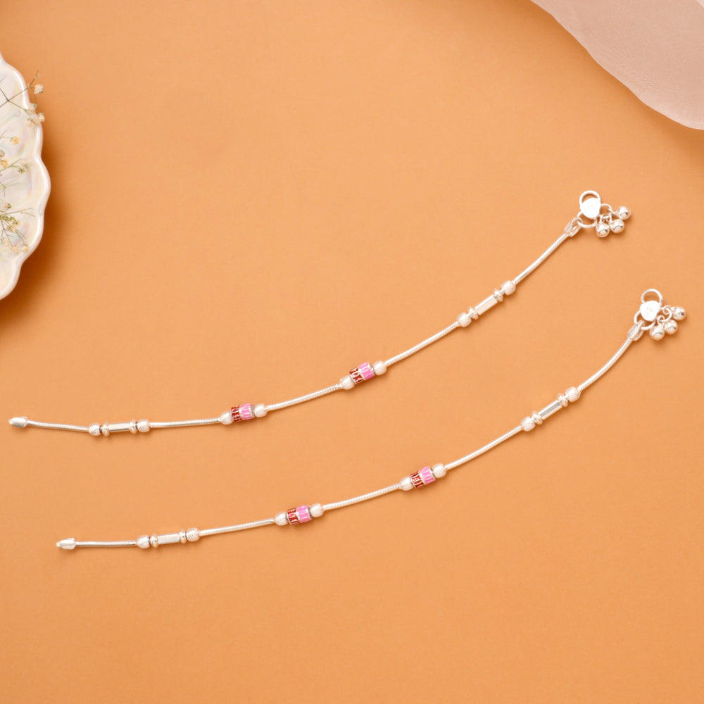 Ruby Crystal Charm Silver Anklet