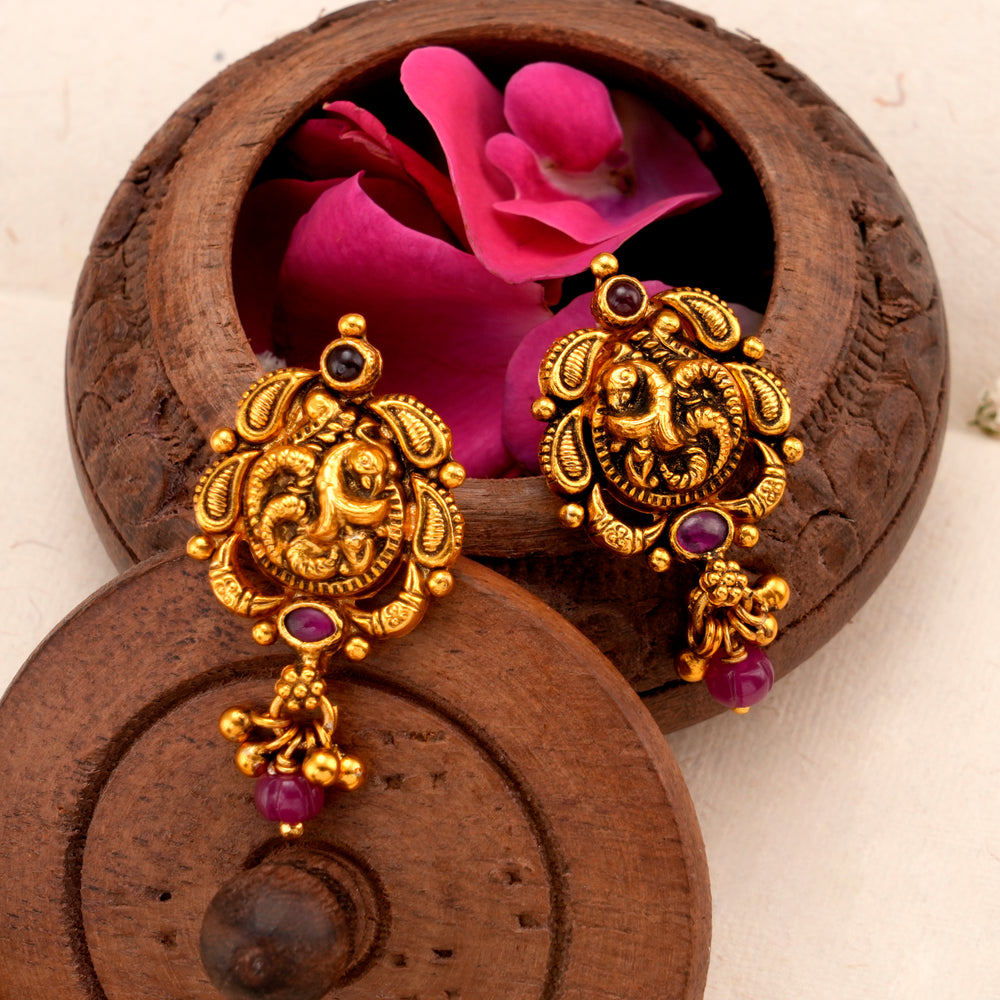 Antique Golden Peacock Ruby Drop Earring