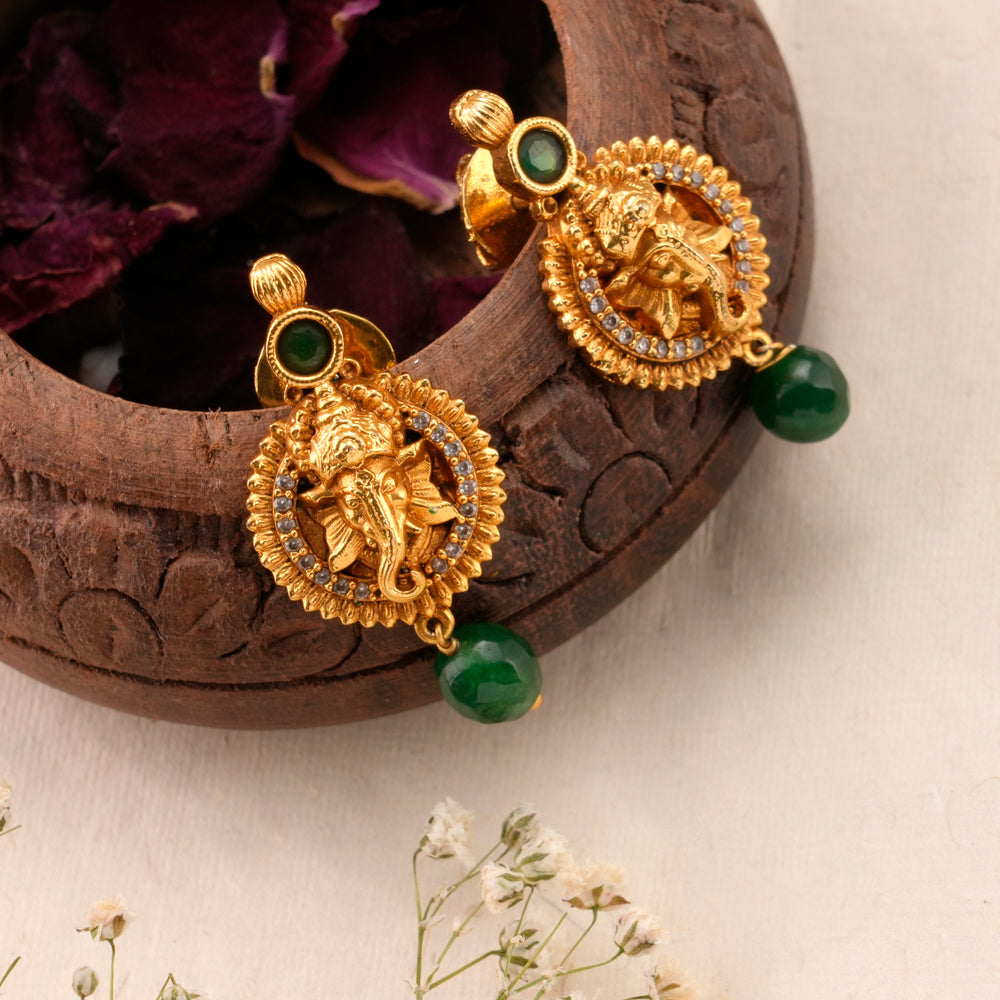 Divine Ganesha Green Bead Drop Earring