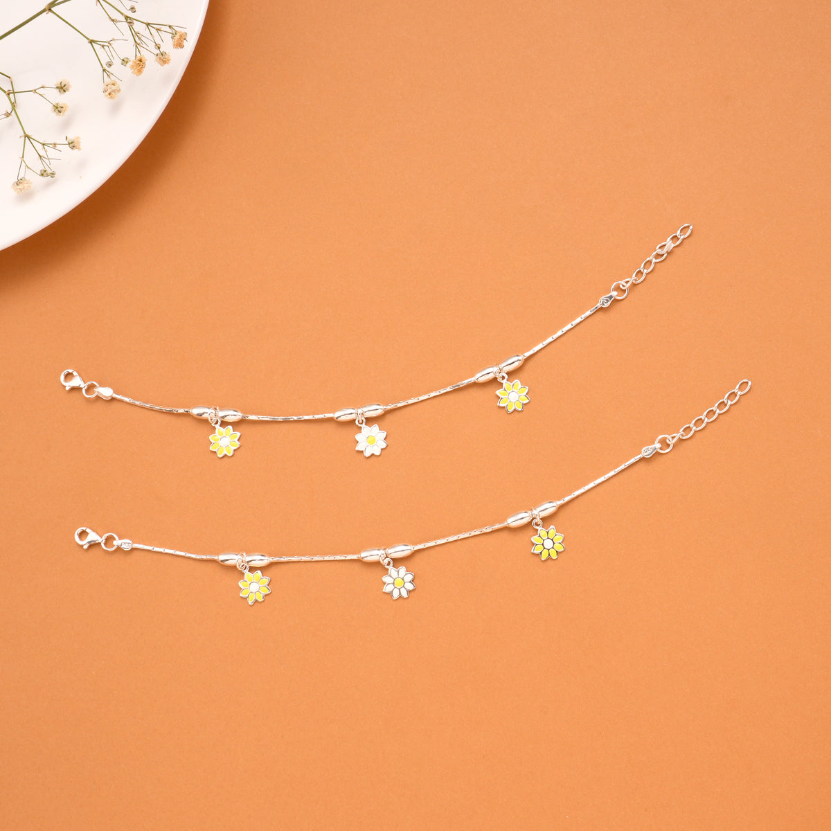 Triple Flower Silver Baby Anklets