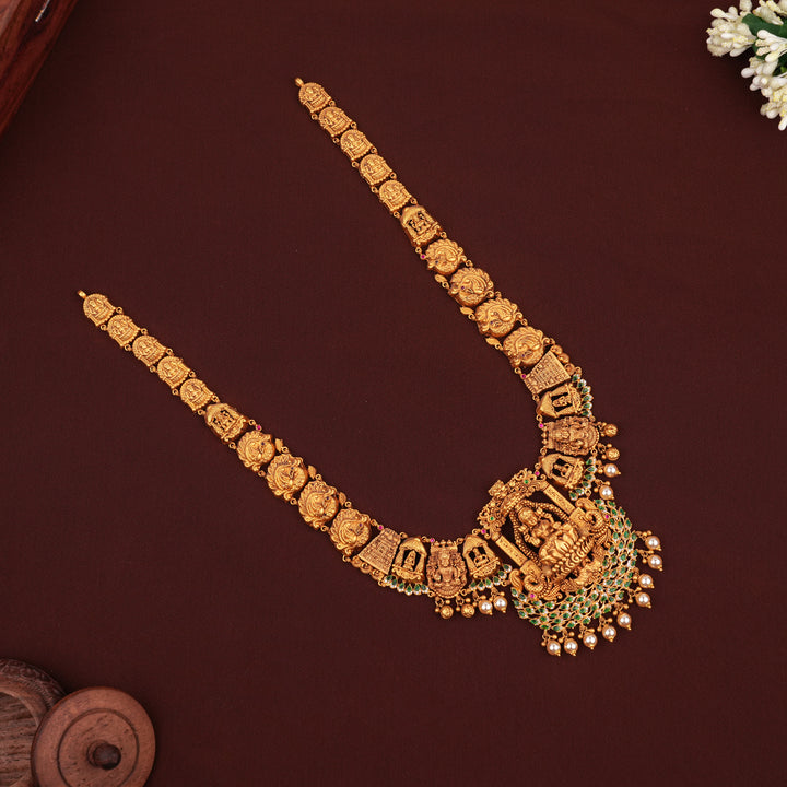 Temple Style Lakshmi Design Pearl Drop Gold Haram