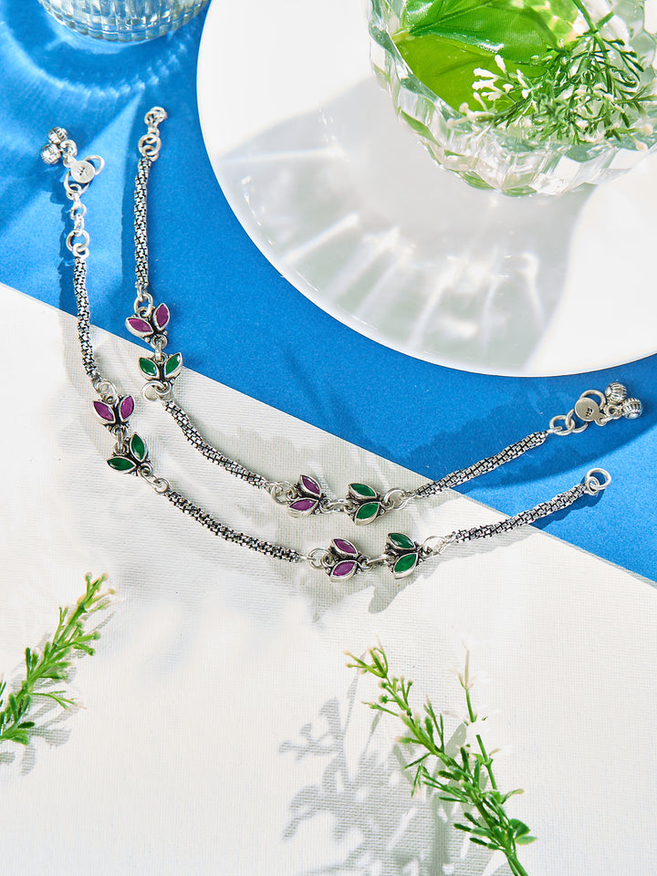 Twin Gem Leaf Heritage Antique Anklet
