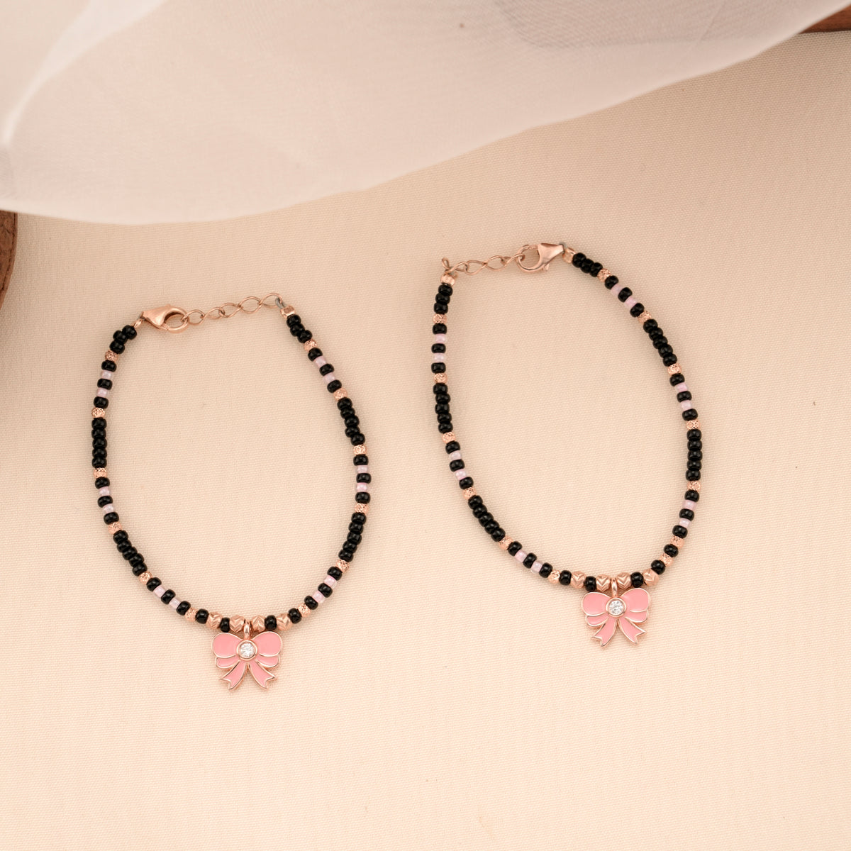 Bow Design Black Beads Silver Baby Bracelet