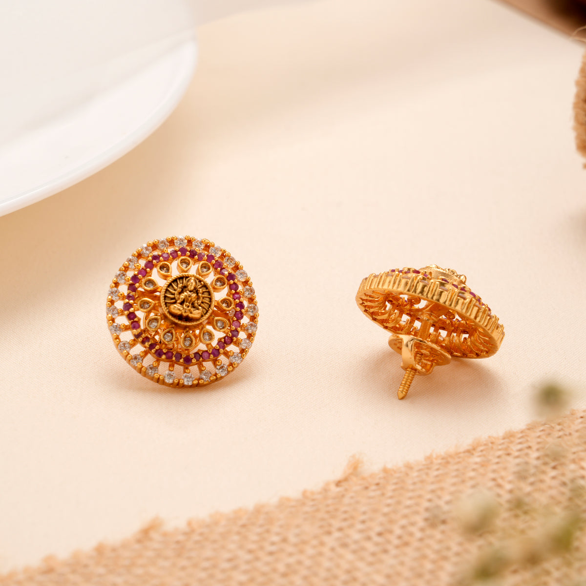 Lakshmi Devi Golden Studs with Ruby Stones