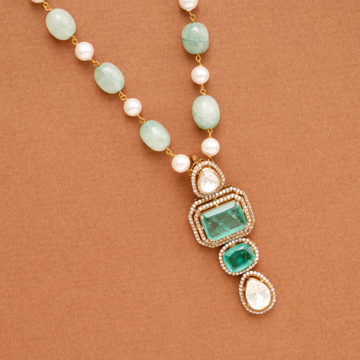 Elegant Turkish Pearl and Green Stone Long Necklace