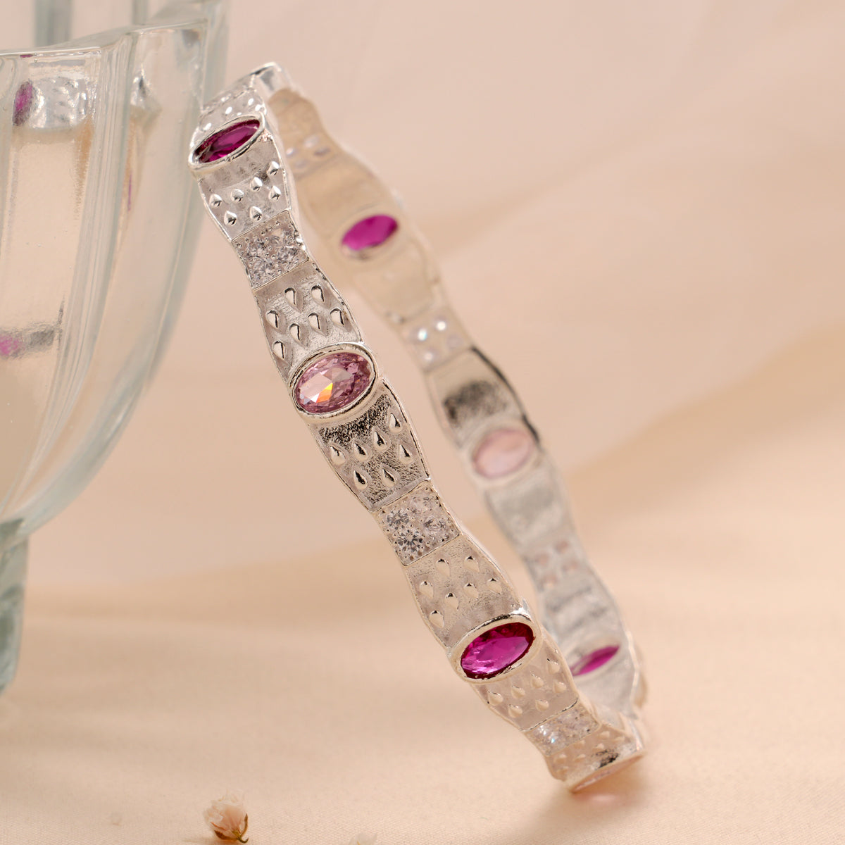 Graceful Pink Stone Silver Bangle