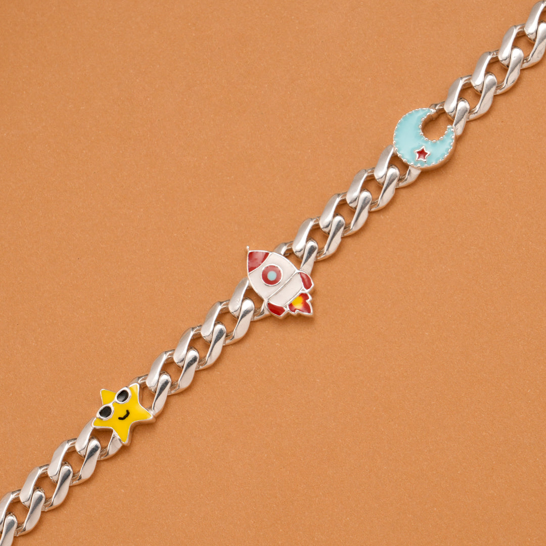 Cute Star Rocket Moon Silver Kids Bracelet