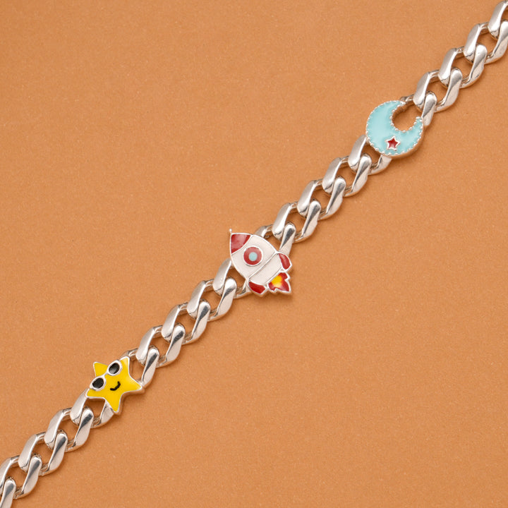 Cute Star Rocket Moon Silver Kids Bracelet