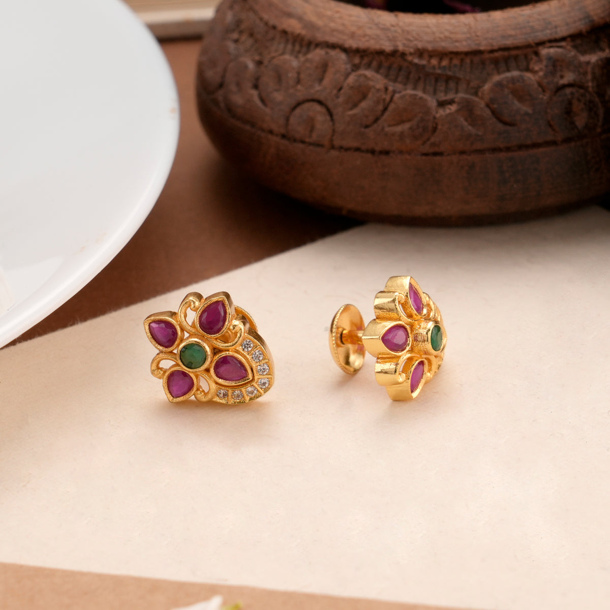 Blossom Ruby Leaf Kundan Stud