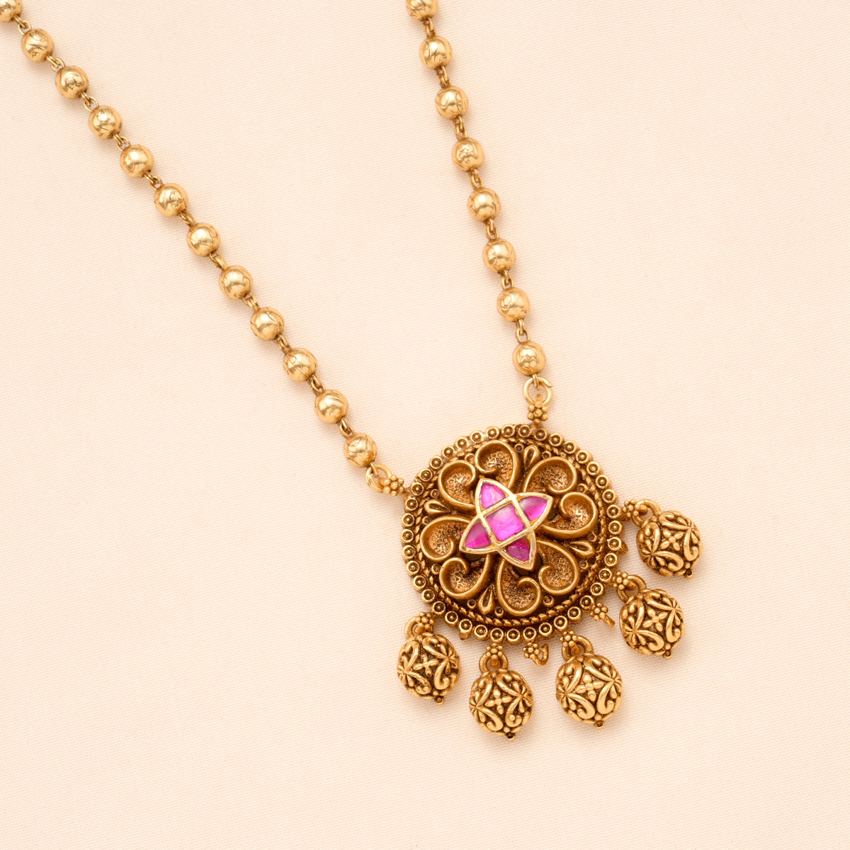 Antique Circle Flower Pendant Golden Long Necklace Set