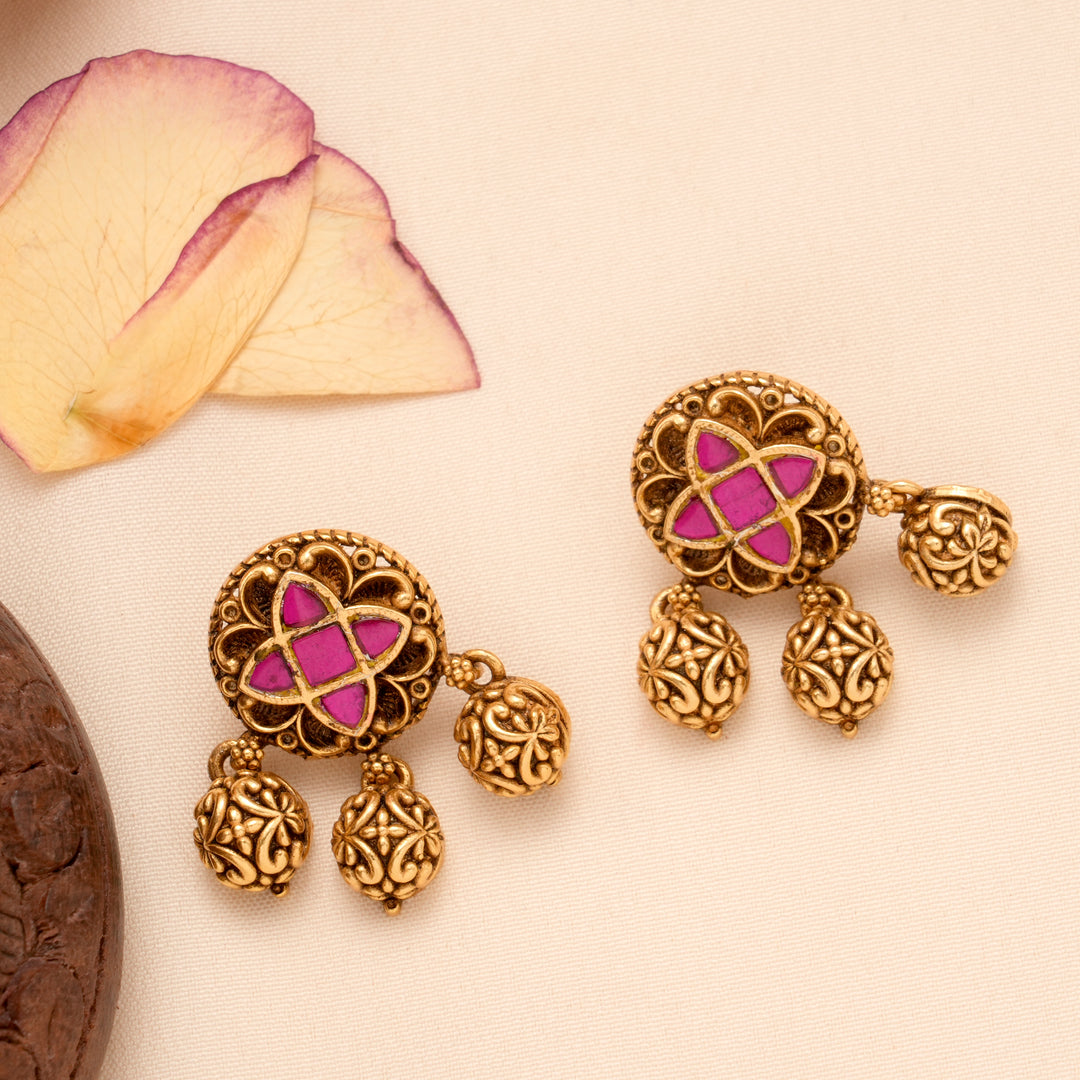Antique Circle Flower Pendant Golden Long Necklace Set