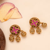 Antique Circle Flower Pendant Golden Long Necklace Set