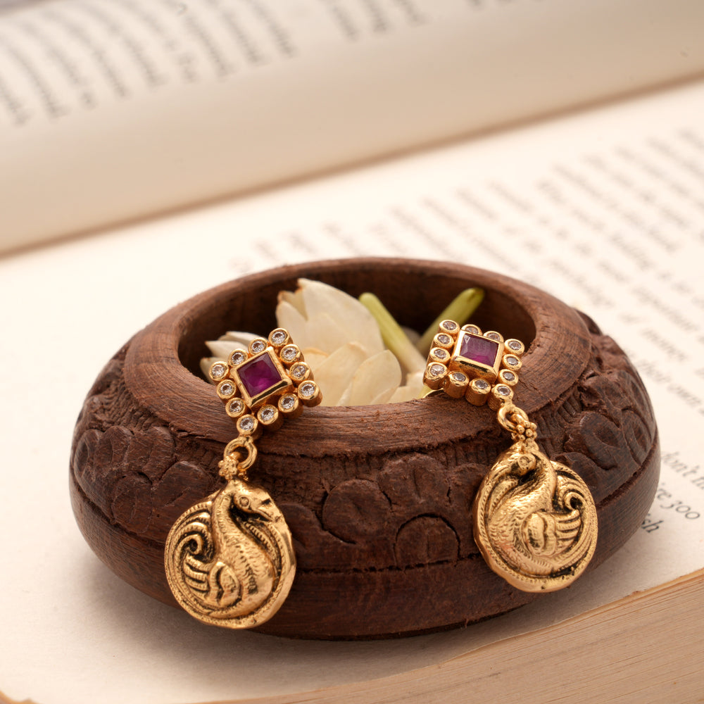 Square Ruby Peacock Drops Golden Earrings