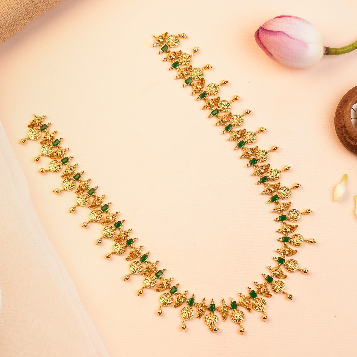 Traditional Peacock and Lakshmi Coin Haram Necklace