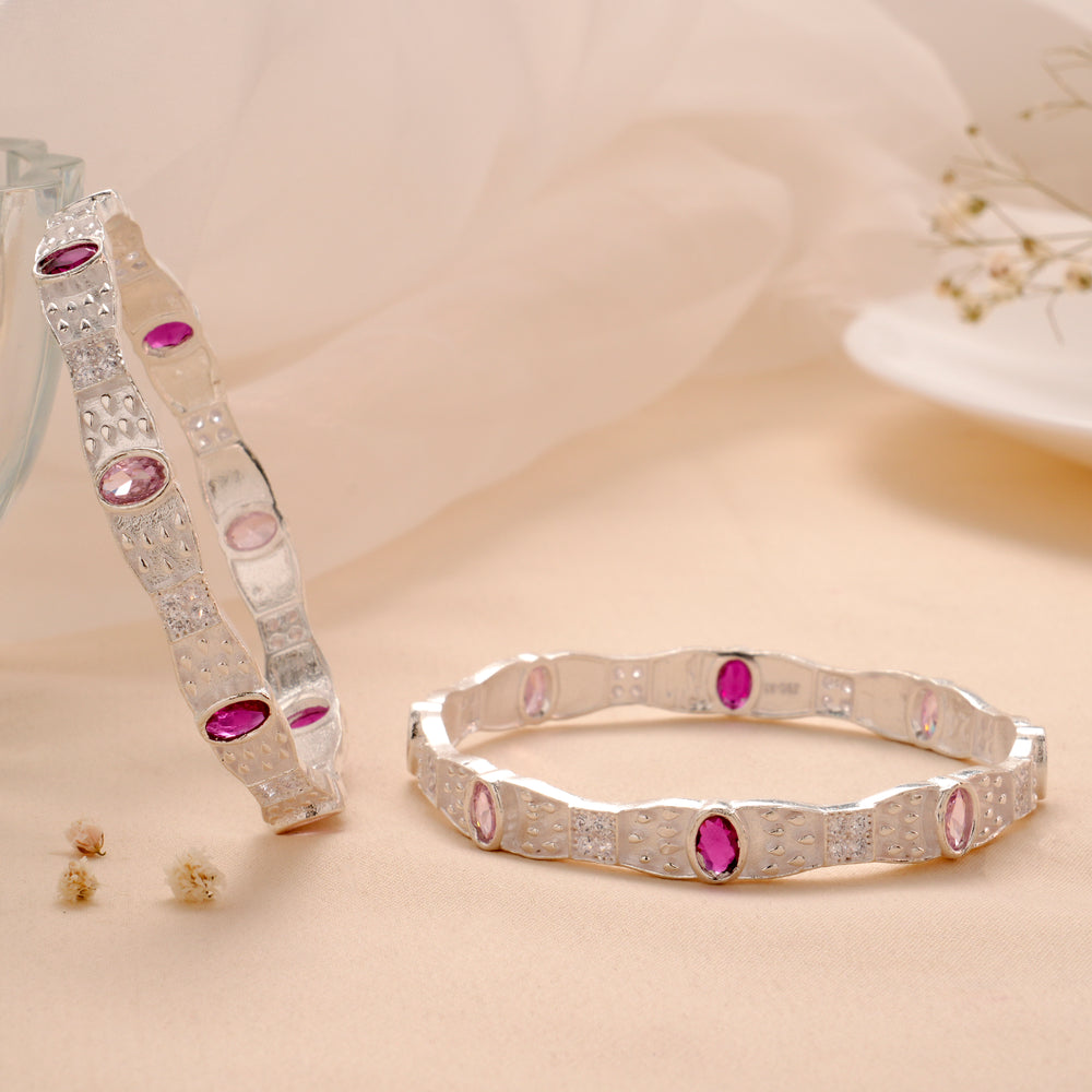 Graceful Pink Stone Silver Bangle