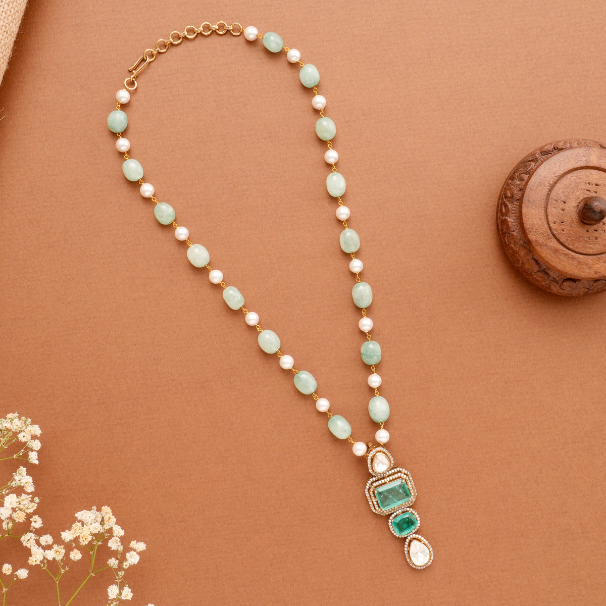 Elegant Turkish Pearl and Green Stone Long Necklace