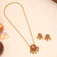 Antique Circle Flower Pendant Golden Long Necklace Set