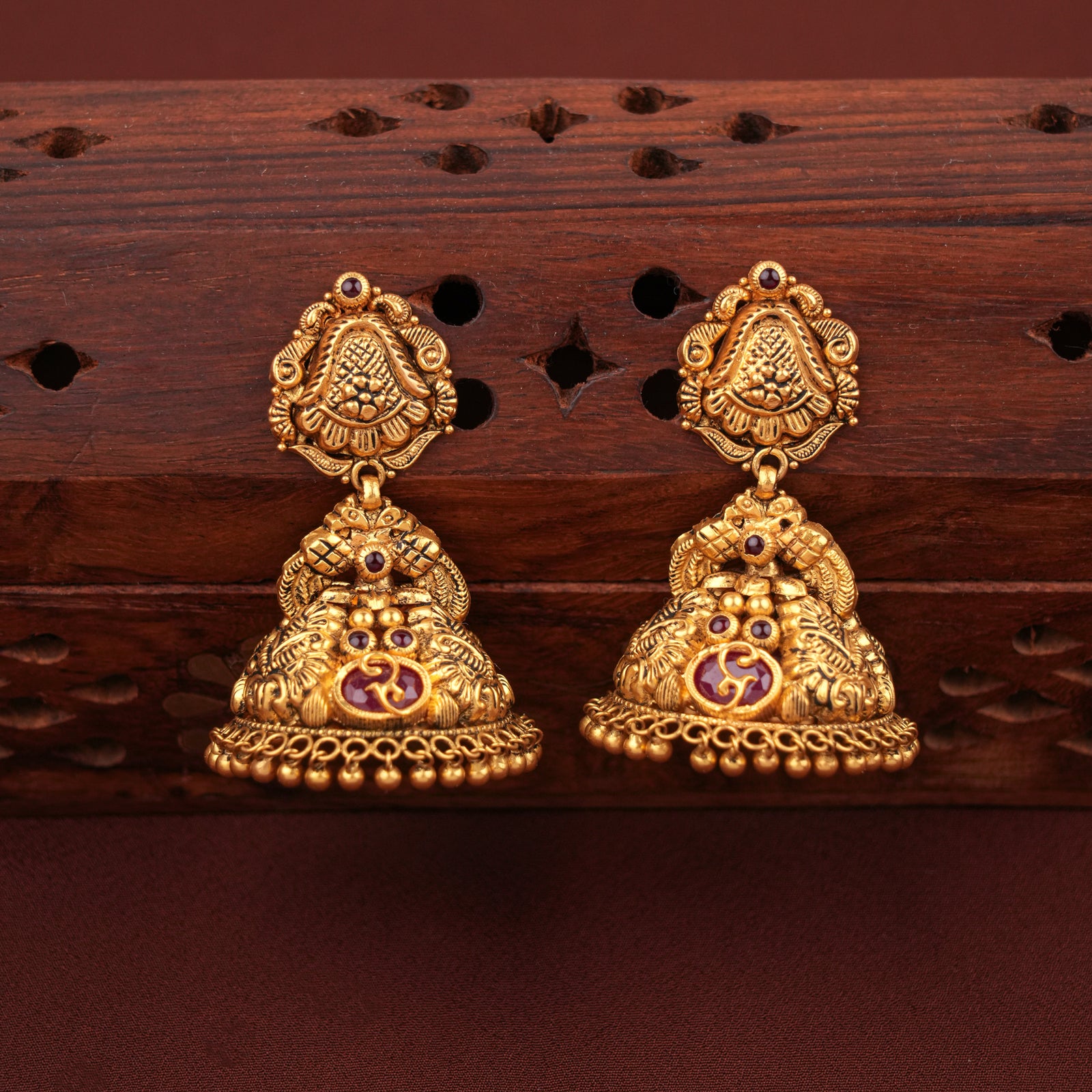 Antique Peacock Design Bell Shape Gold Jhumkas
