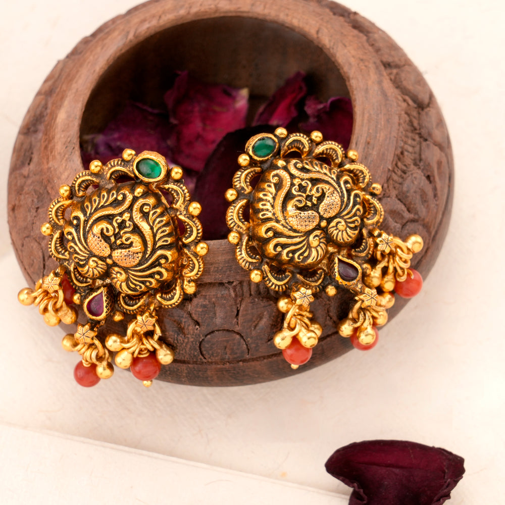 Antique Dual Peacock with Golden Balls Earring