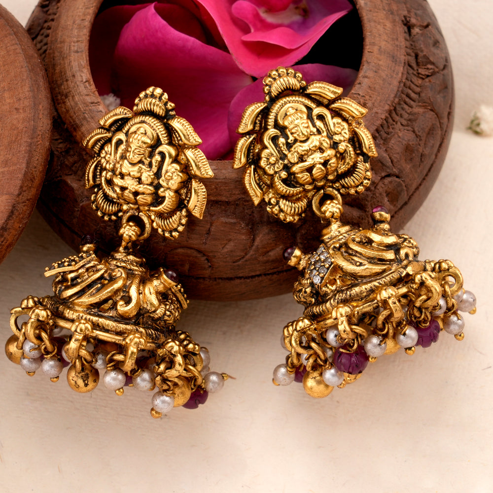 Antique Lakshmi Pearl and Pink Bead Earring