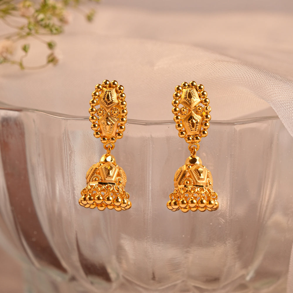 Gold Beaded Jhumka Earrings with Dome Bell and Hanging Gold Balls