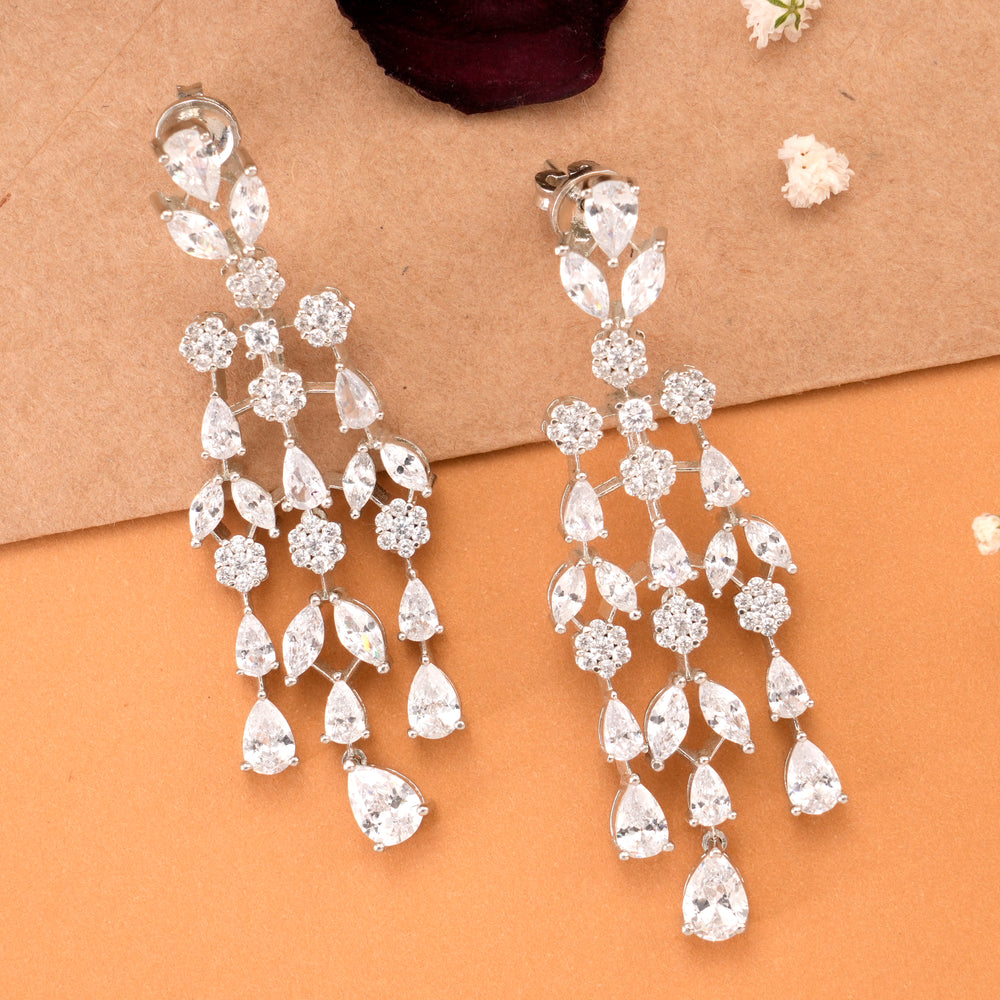 Sparkling Leaf Drop Stone Silver Earring