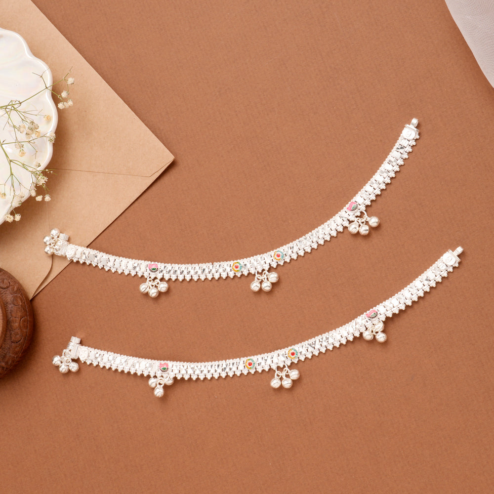 Enamel Detail Drop Silver Anklet