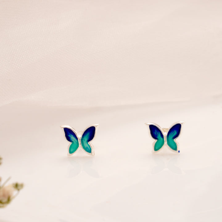 Blue Enamel Butterfly Silver Stud