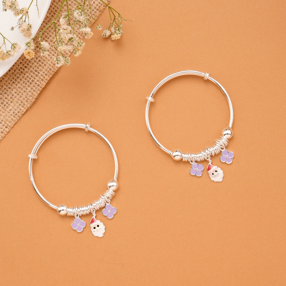 Santa & Purple Flower Charm Baby Silver Bangle