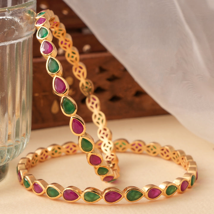 Elegant Ruby & Emerald Leaf Design Bangle