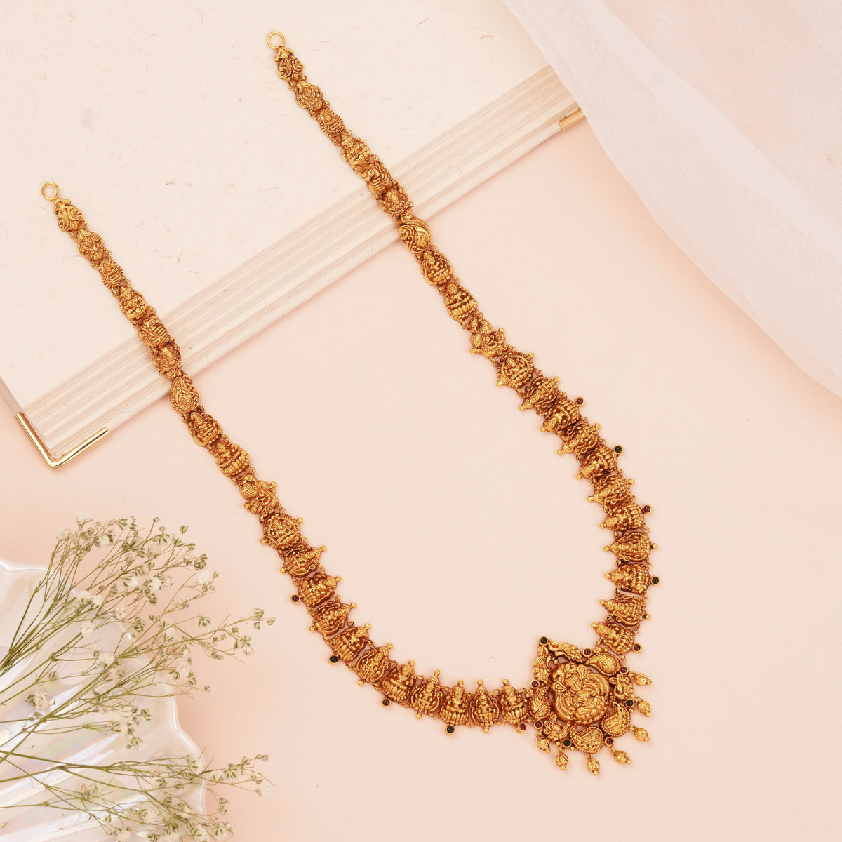 Gold Haram Long Necklace with Lakshmi Pendant