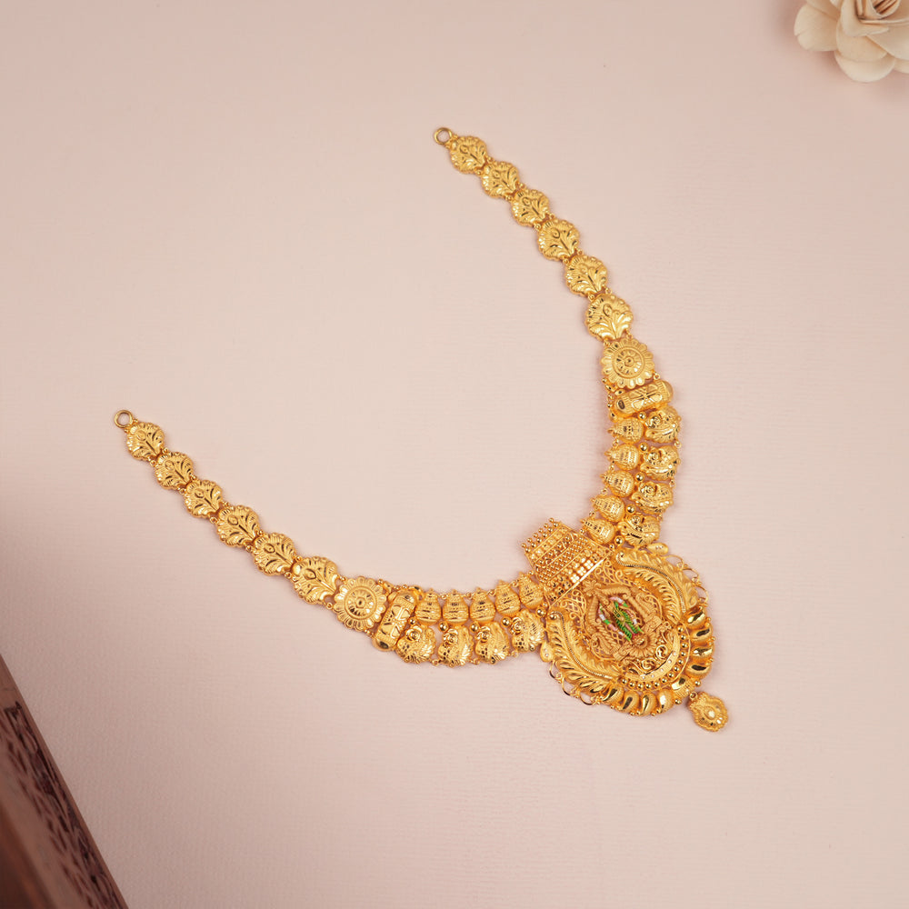 Traditional Gold Meenakshi Temple Necklace with Intricate Pendant