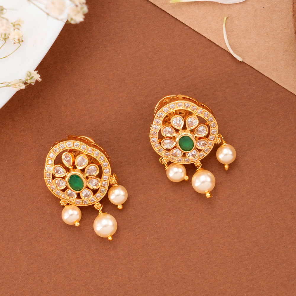 Elegant Emerald Pearl Drop Kundan Studs