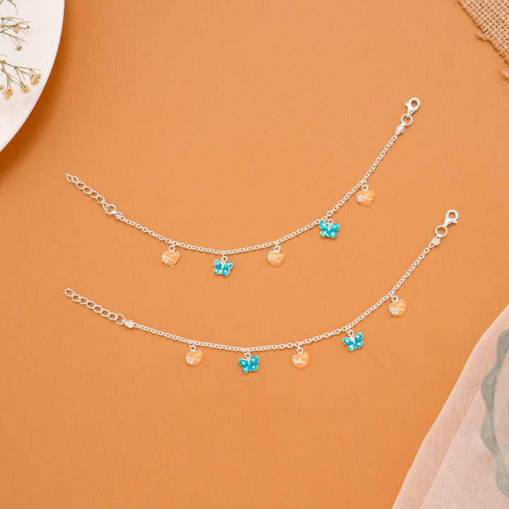 Butterfly and Heart Charm Silver Baby Anklets