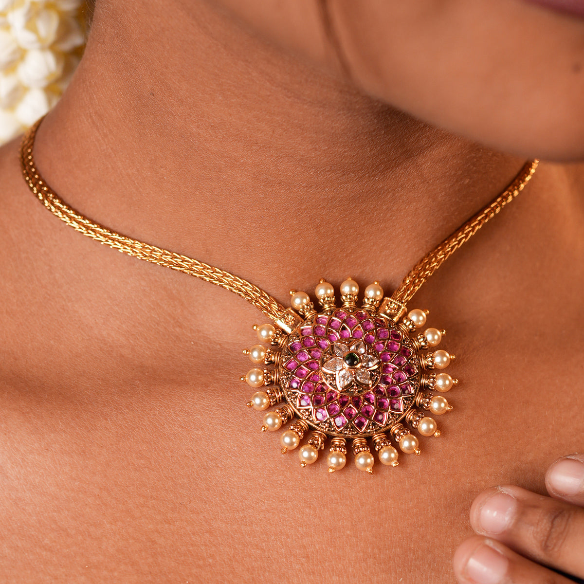 Blossom Ruby Floral Pearl Drops Golden Attigai
