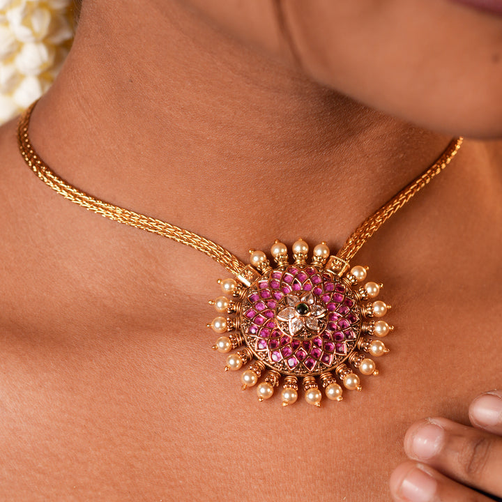 Blossom Ruby Floral Pearl Drops Golden Attigai
