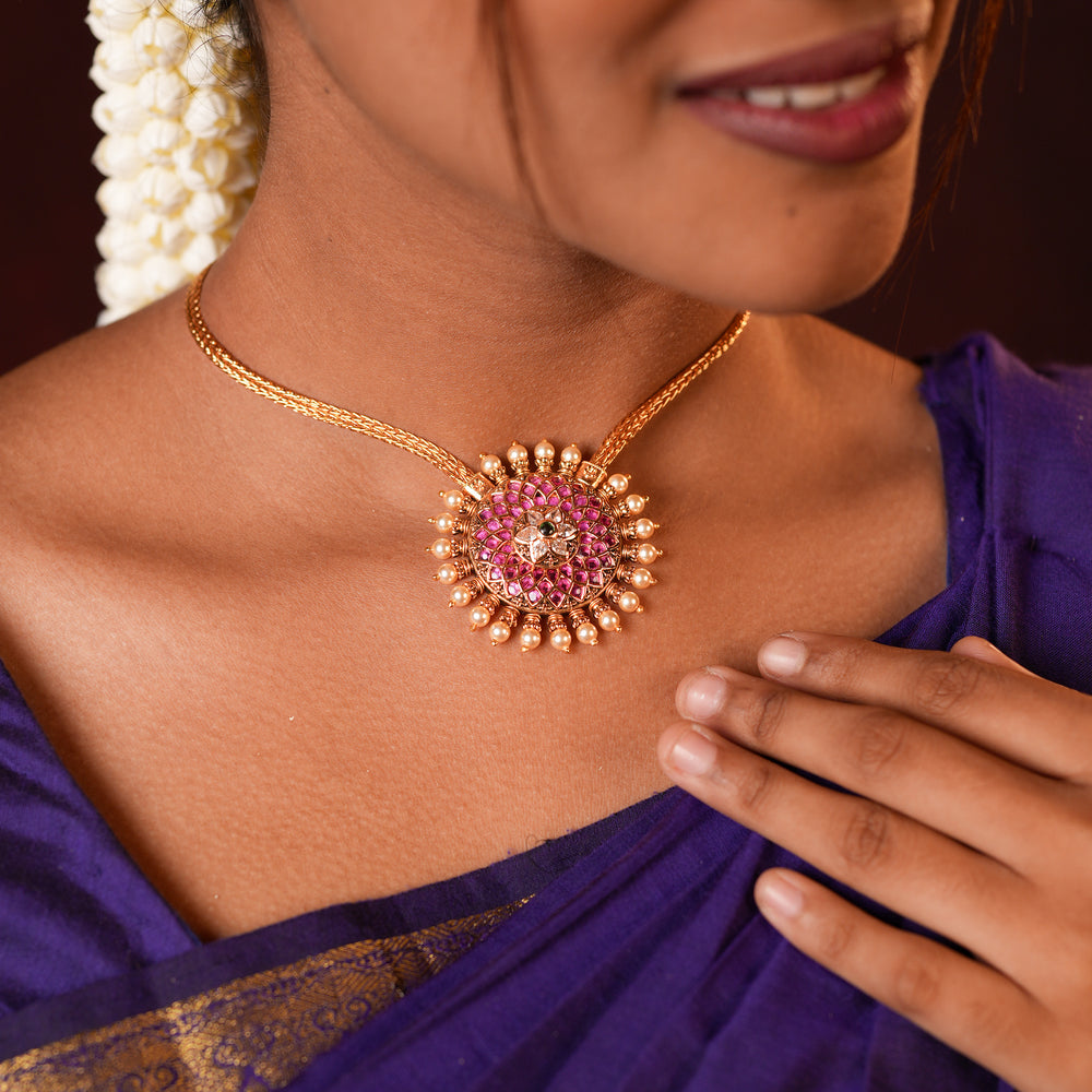 Blossom Ruby Floral Pearl Drops Golden Attigai